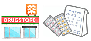 ドラッグストアと薬袋のイラスト