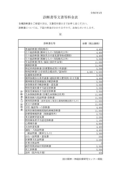 R5.4～診断書等（文書）料金表